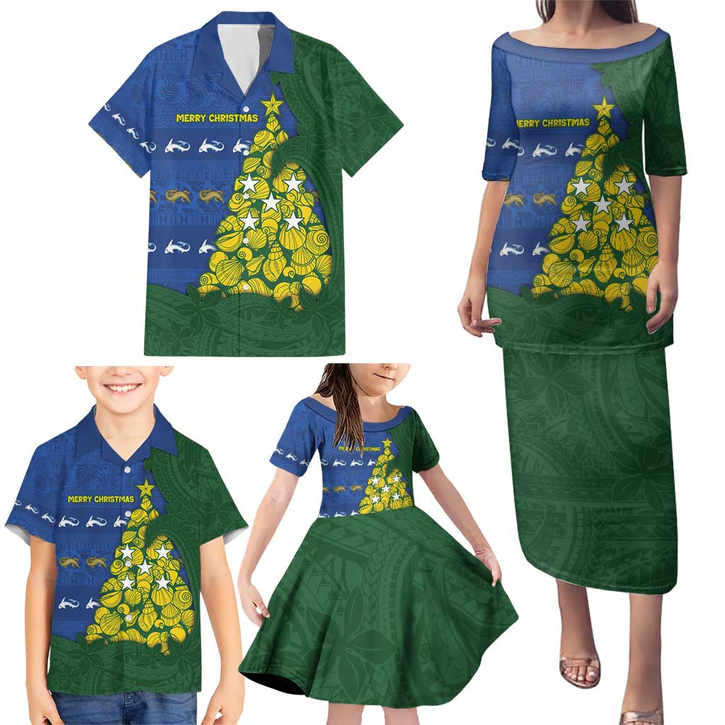 Solomon Islands Christmas Family Matching Puletasi and Hawaiian Shirt Seashell Xmas Tree Tribal Waves - Polynesian Pride