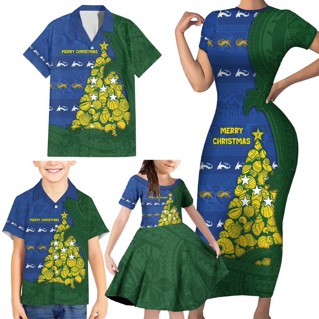 Solomon Islands Christmas Family Matching Short Sleeve Bodycon Dress and Hawaiian Shirt Seashell Xmas Tree Tribal Waves - Polynesian Pride