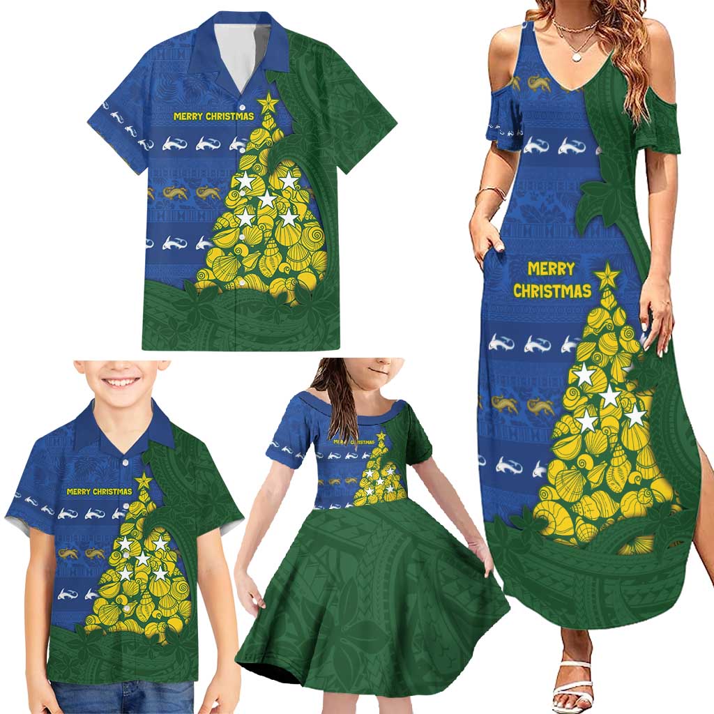 Solomon Islands Christmas Family Matching Summer Maxi Dress and Hawaiian Shirt Seashell Xmas Tree Tribal Waves - Polynesian Pride