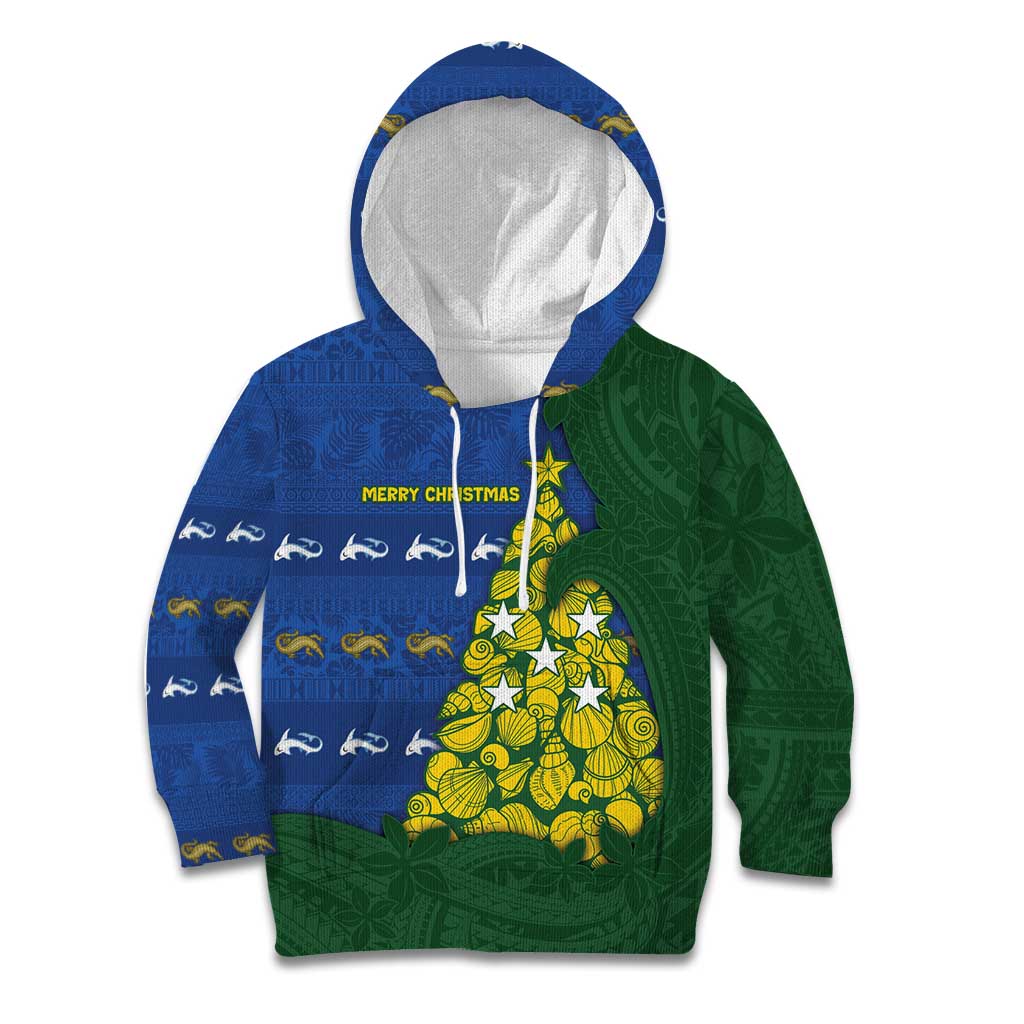 Solomon Islands Christmas Kid Hoodie Seashell Xmas Tree Tribal Waves - Polynesian Pride