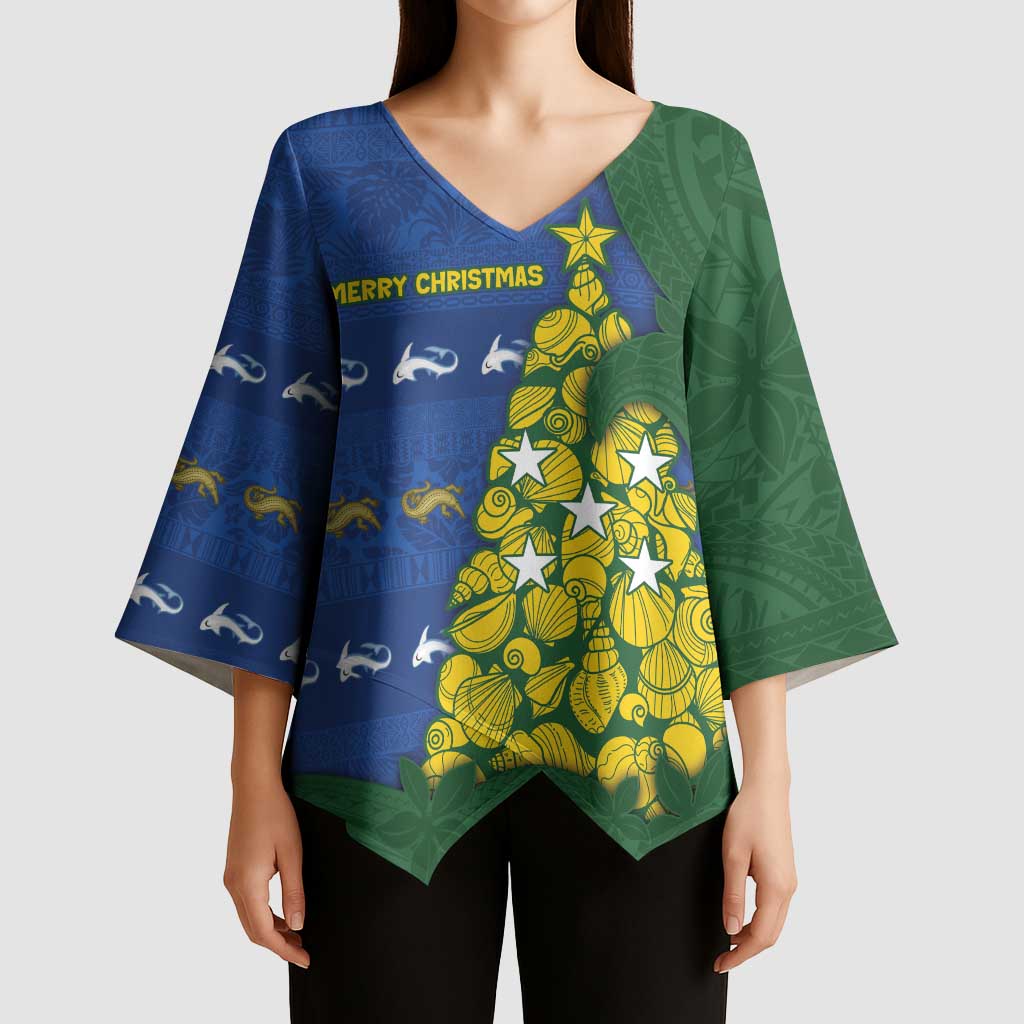 Solomon Islands Christmas Kimono Sleeve Blouse Seashell Xmas Tree Tribal Waves - Polynesian Pride