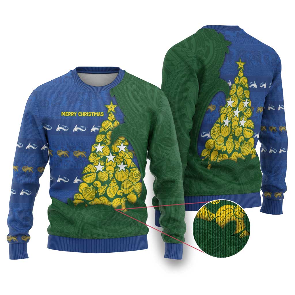 Solomon Islands Christmas Ugly Christmas Sweater Seashell Xmas Tree Tribal Waves - Polynesian Pride