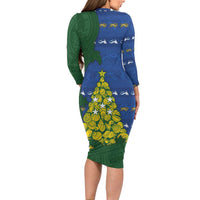 Solomon Islands Christmas Long Sleeve Bodycon Dress Seashell Xmas Tree Tribal Waves - Polynesian Pride