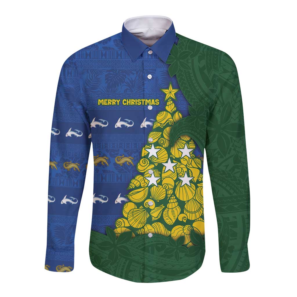 Solomon Islands Christmas Long Sleeve Button Shirt Seashell Xmas Tree Tribal Waves - Polynesian Pride
