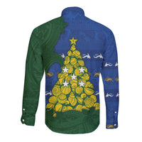 Solomon Islands Christmas Long Sleeve Button Shirt Seashell Xmas Tree Tribal Waves - Polynesian Pride