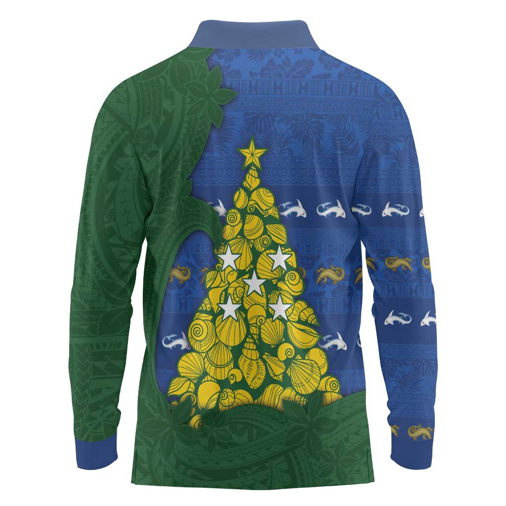 Solomon Islands Christmas Long Sleeve Polo Shirt Seashell Xmas Tree Tribal Waves - Polynesian Pride