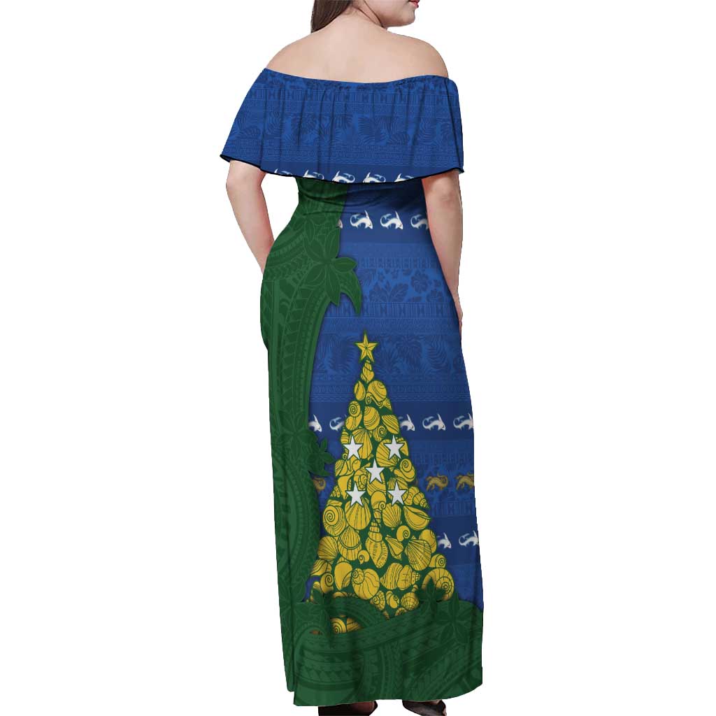 Solomon Islands Christmas Off Shoulder Maxi Dress Seashell Xmas Tree Tribal Waves - Polynesian Pride