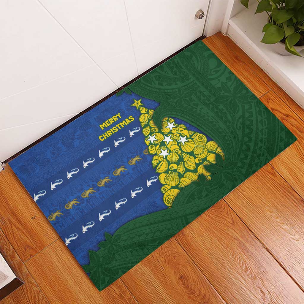 Solomon Islands Christmas Rubber Doormat Seashell Xmas Tree Tribal Waves - Polynesian Pride