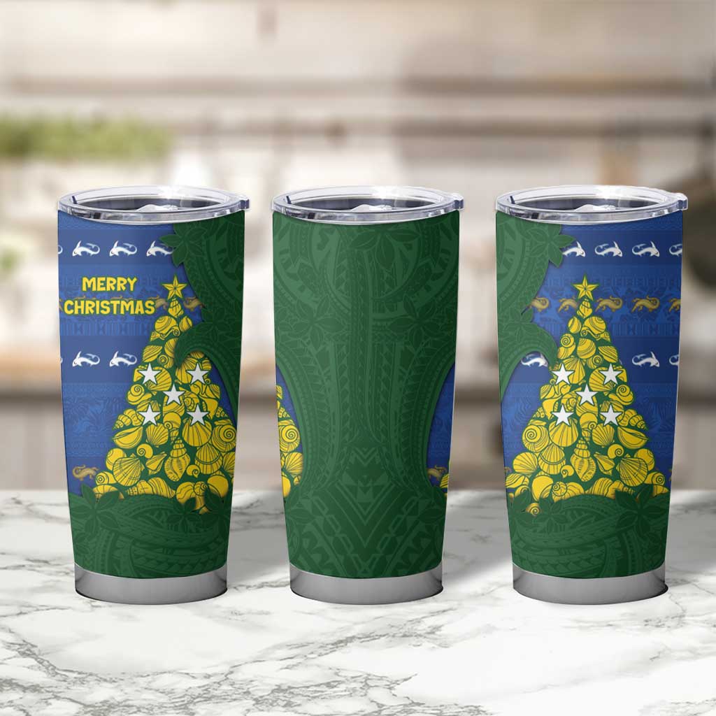 Solomon Islands Christmas Tumbler Cup Seashell Xmas Tree Tribal Waves - Polynesian Pride