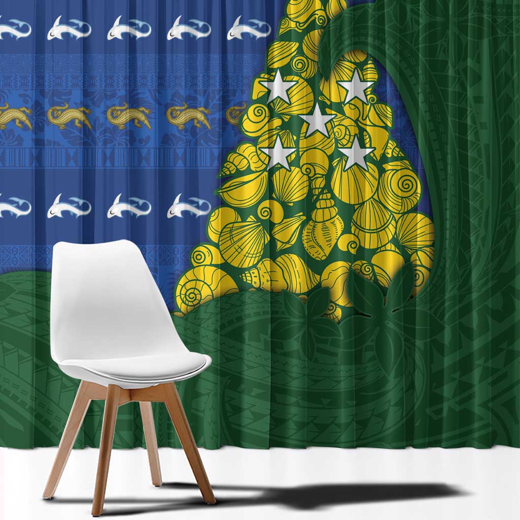Solomon Islands Christmas Window Curtain Seashell Xmas Tree Tribal Waves - Polynesian Pride