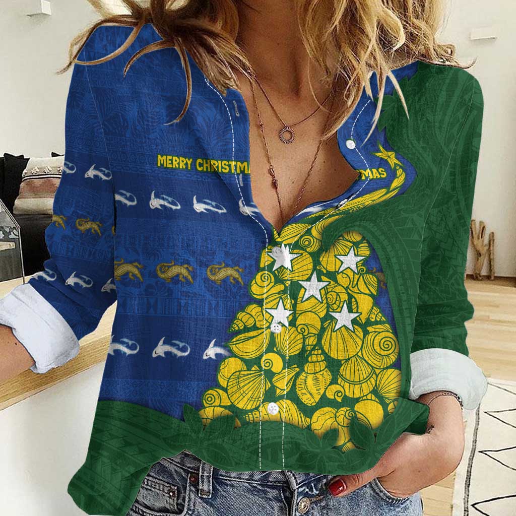 Solomon Islands Christmas Women Casual Shirt Seashell Xmas Tree Tribal Waves - Polynesian Pride