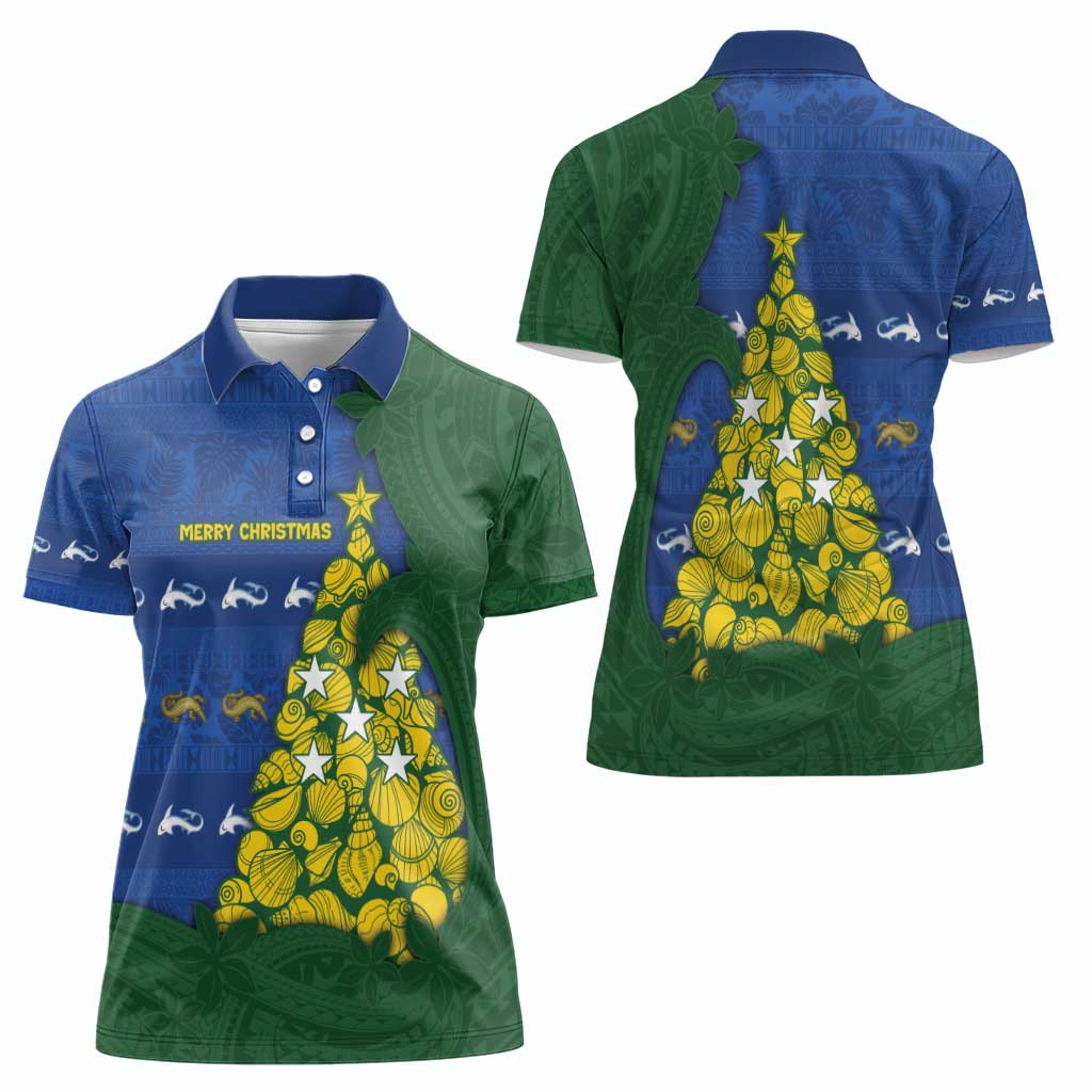 Solomon Islands Christmas Women Polo Shirt Seashell Xmas Tree Tribal Waves - Polynesian Pride