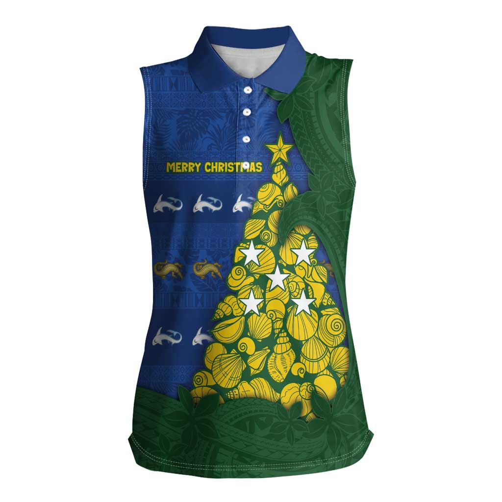Solomon Islands Christmas Women Sleeveless Polo Shirt Seashell Xmas Tree Tribal Waves - Polynesian Pride