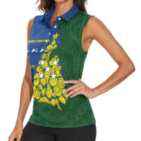 Solomon Islands Christmas Women Sleeveless Polo Shirt Seashell Xmas Tree Tribal Waves - Polynesian Pride