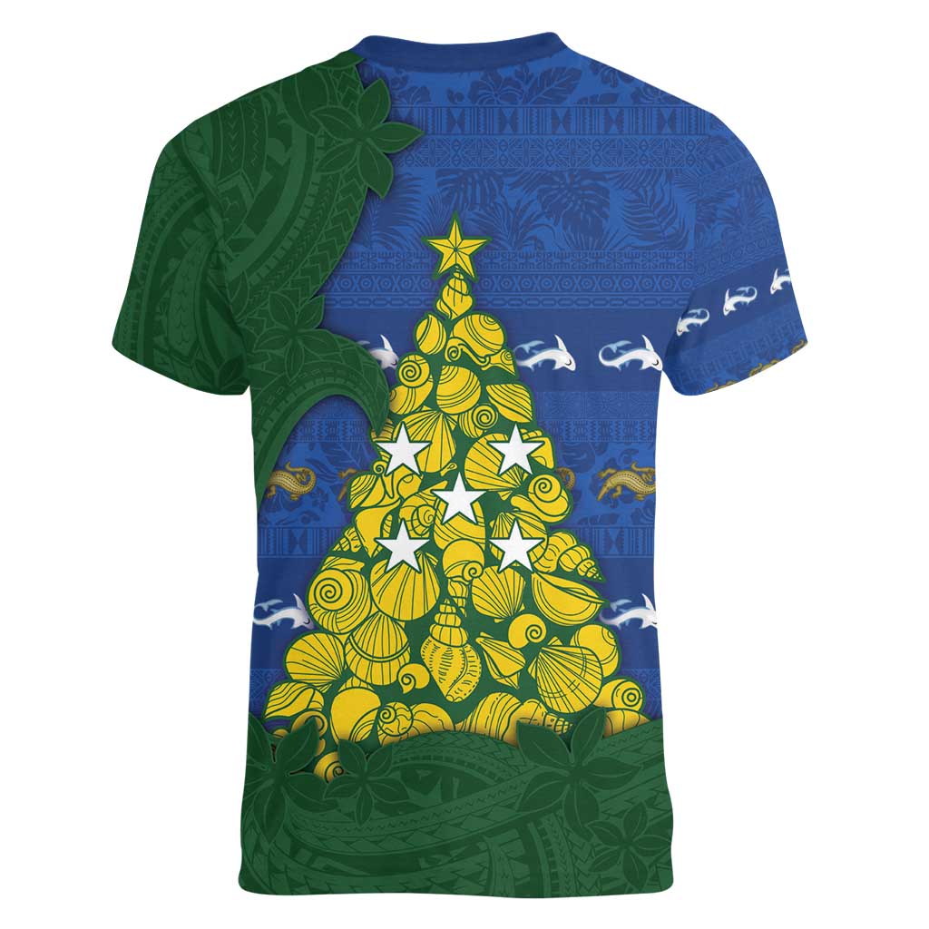 Solomon Islands Christmas Women V-Neck T-Shirt Seashell Xmas Tree Tribal Waves - Polynesian Pride