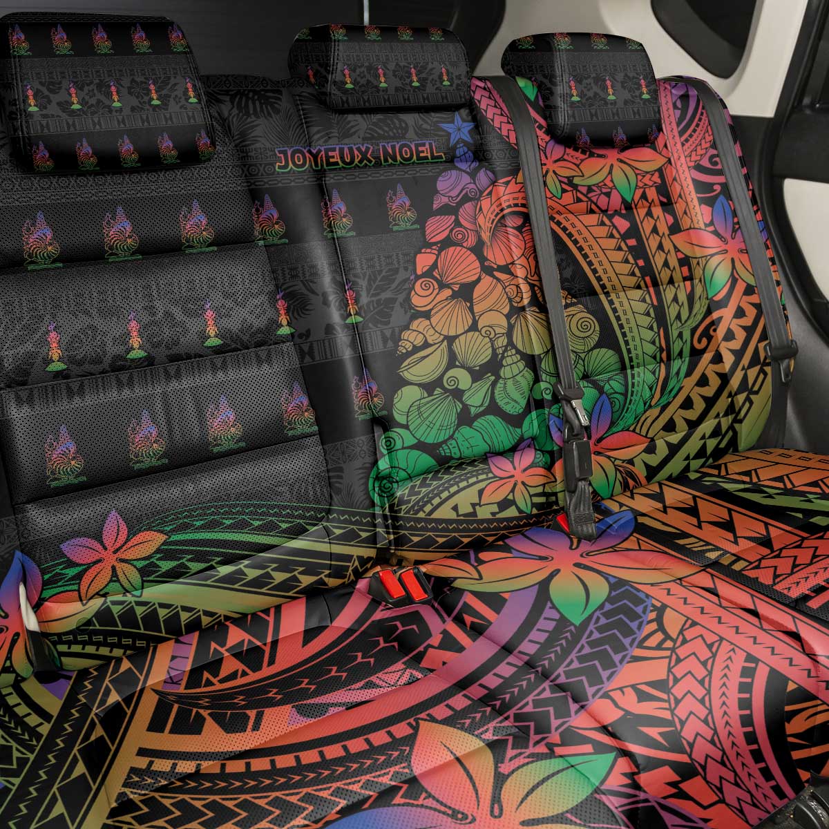 New Caledonia Christmas Back Car Seat Cover Seashell Xmas Tree Tribal Waves - Polynesian Pride