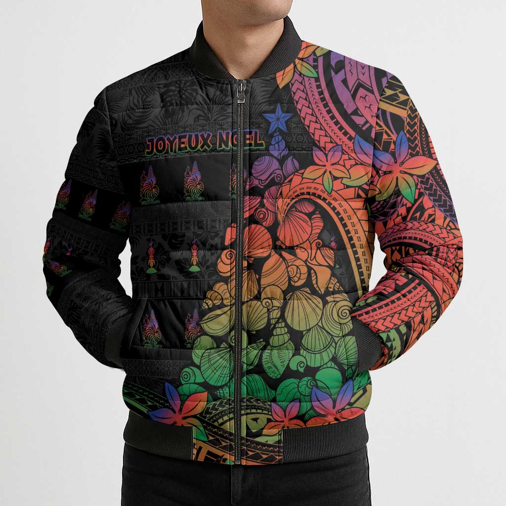 New Caledonia Christmas Bomber Puffer Jacket Seashell Xmas Tree Tribal Waves - Polynesian Pride