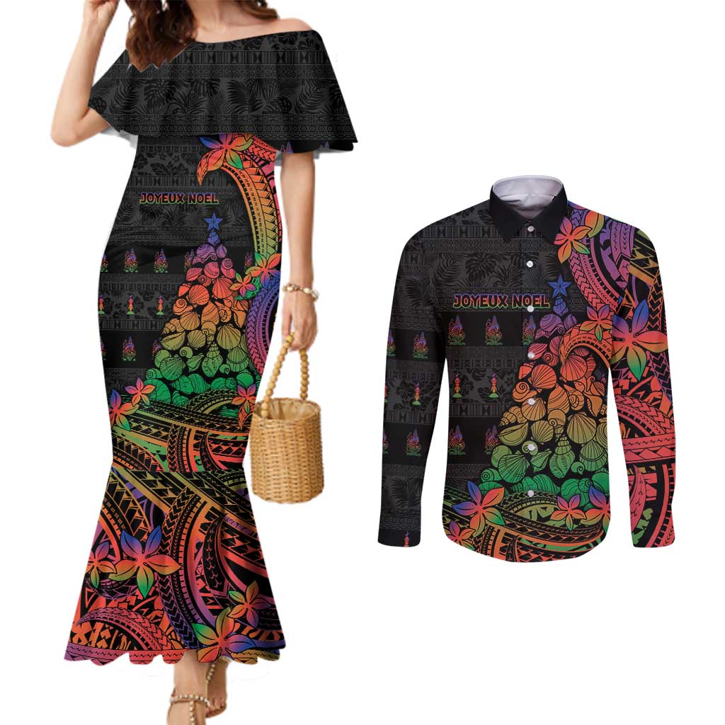 New Caledonia Christmas Couples Matching Mermaid Dress and Long Sleeve Button Shirt Seashell Xmas Tree Tribal Waves - Polynesian Pride