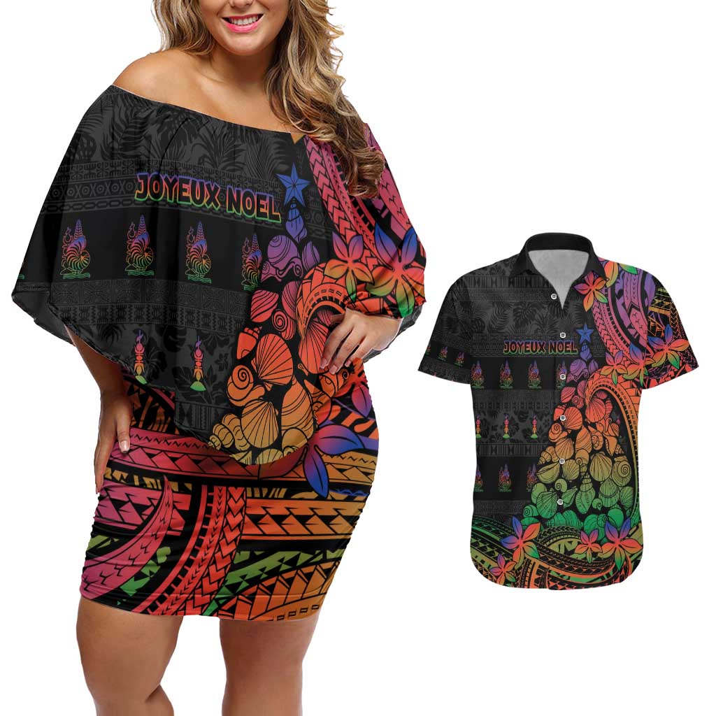 New Caledonia Christmas Couples Matching Off Shoulder Short Dress and Hawaiian Shirt Seashell Xmas Tree Tribal Waves - Polynesian Pride