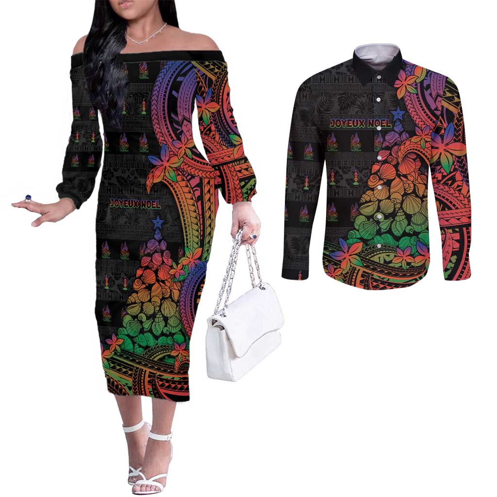 New Caledonia Christmas Couples Matching Off The Shoulder Long Sleeve Dress and Long Sleeve Button Shirt Seashell Xmas Tree Tribal Waves - Polynesian Pride