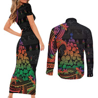 New Caledonia Christmas Couples Matching Short Sleeve Bodycon Dress and Long Sleeve Button Shirt Seashell Xmas Tree Tribal Waves - Polynesian Pride