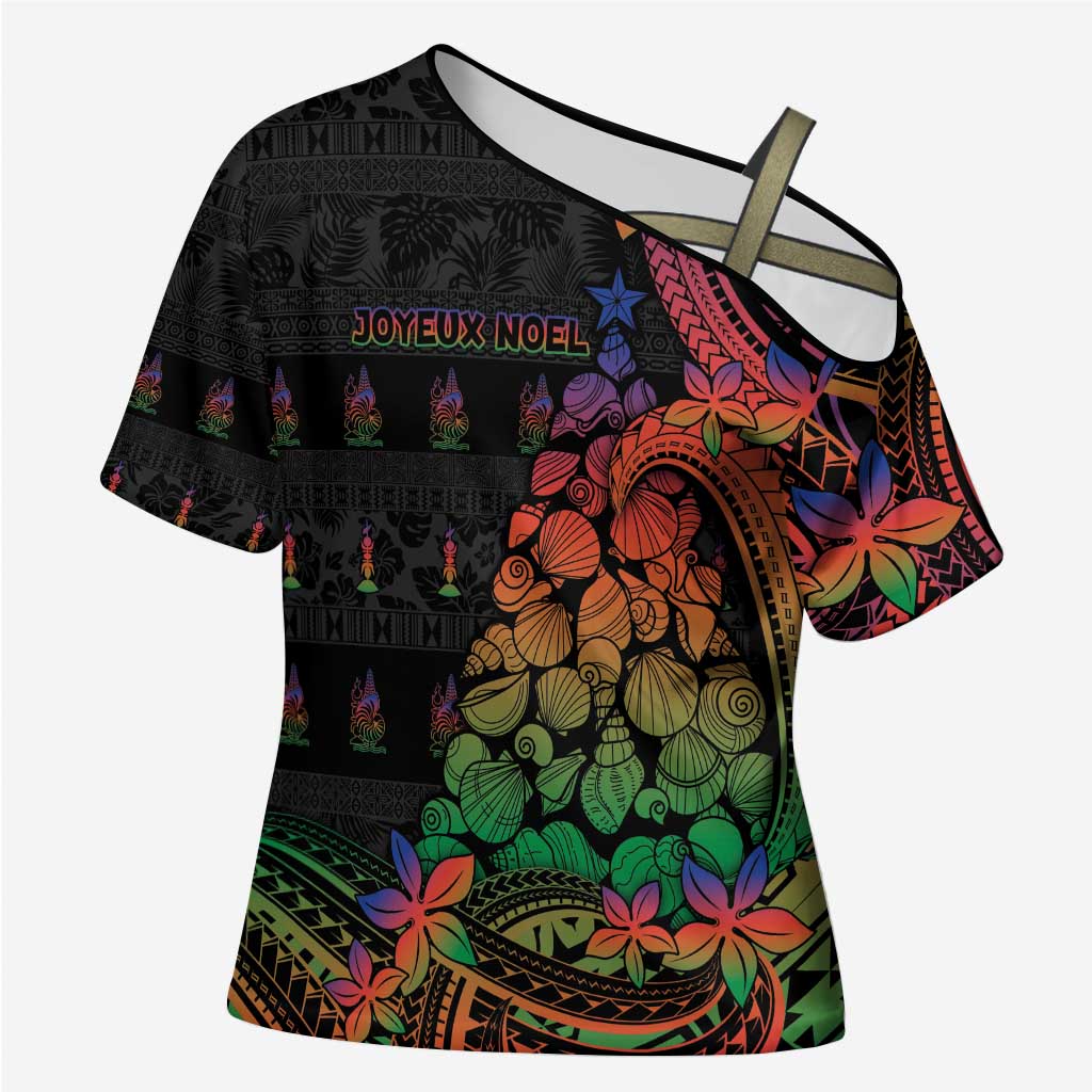 New Caledonia Christmas Cross Shoulder Shirt Seashell Xmas Tree Tribal Waves - Polynesian Pride