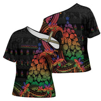 New Caledonia Christmas Cross Shoulder Shirt Seashell Xmas Tree Tribal Waves - Polynesian Pride