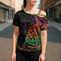 New Caledonia Christmas Cross Shoulder Shirt Seashell Xmas Tree Tribal Waves - Polynesian Pride