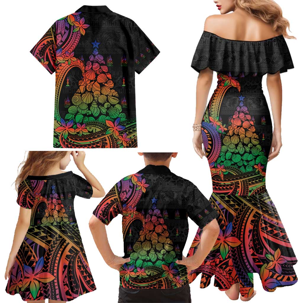 New Caledonia Christmas Family Matching Mermaid Dress and Hawaiian Shirt Seashell Xmas Tree Tribal Waves - Polynesian Pride