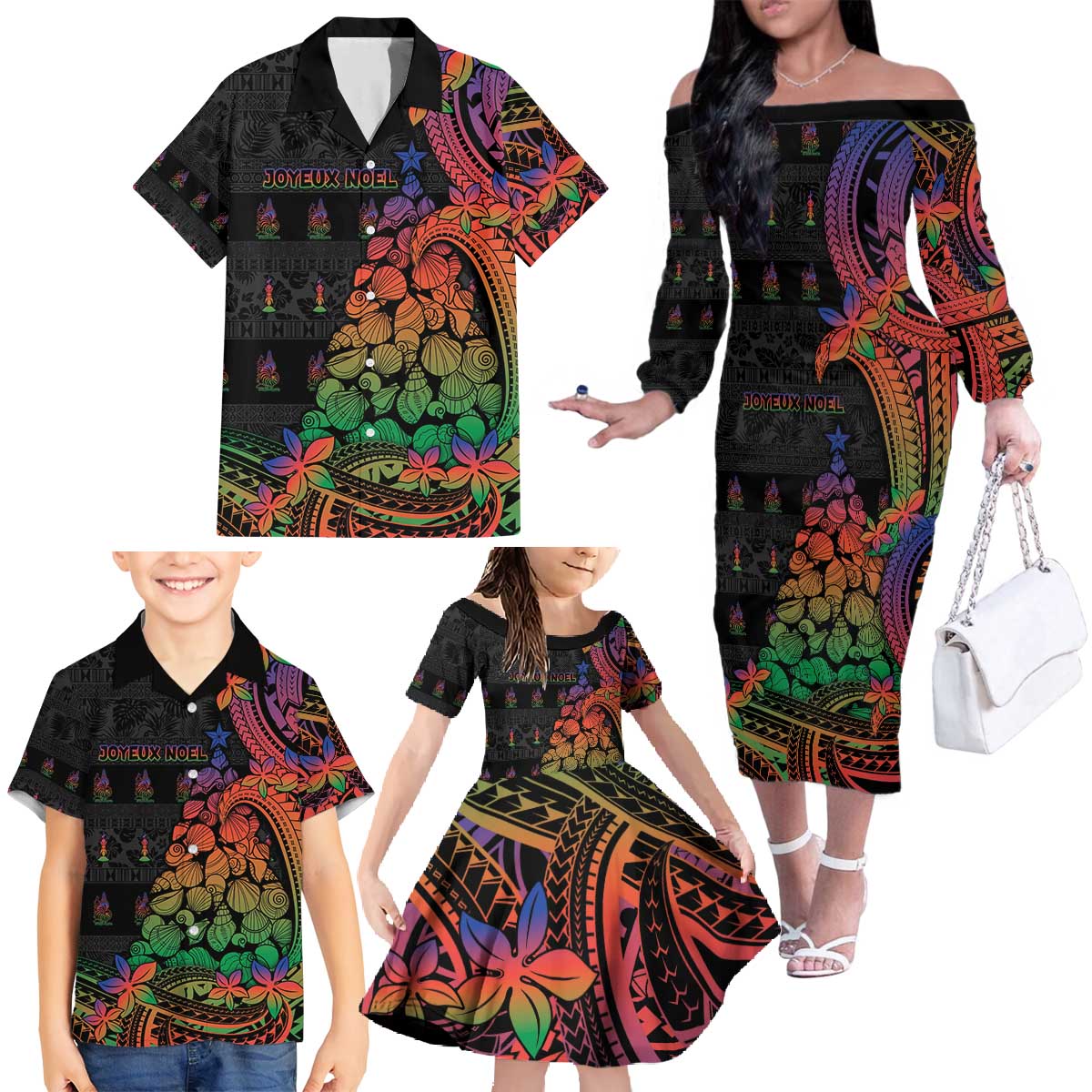 New Caledonia Christmas Family Matching Off The Shoulder Long Sleeve Dress and Hawaiian Shirt Seashell Xmas Tree Tribal Waves - Polynesian Pride