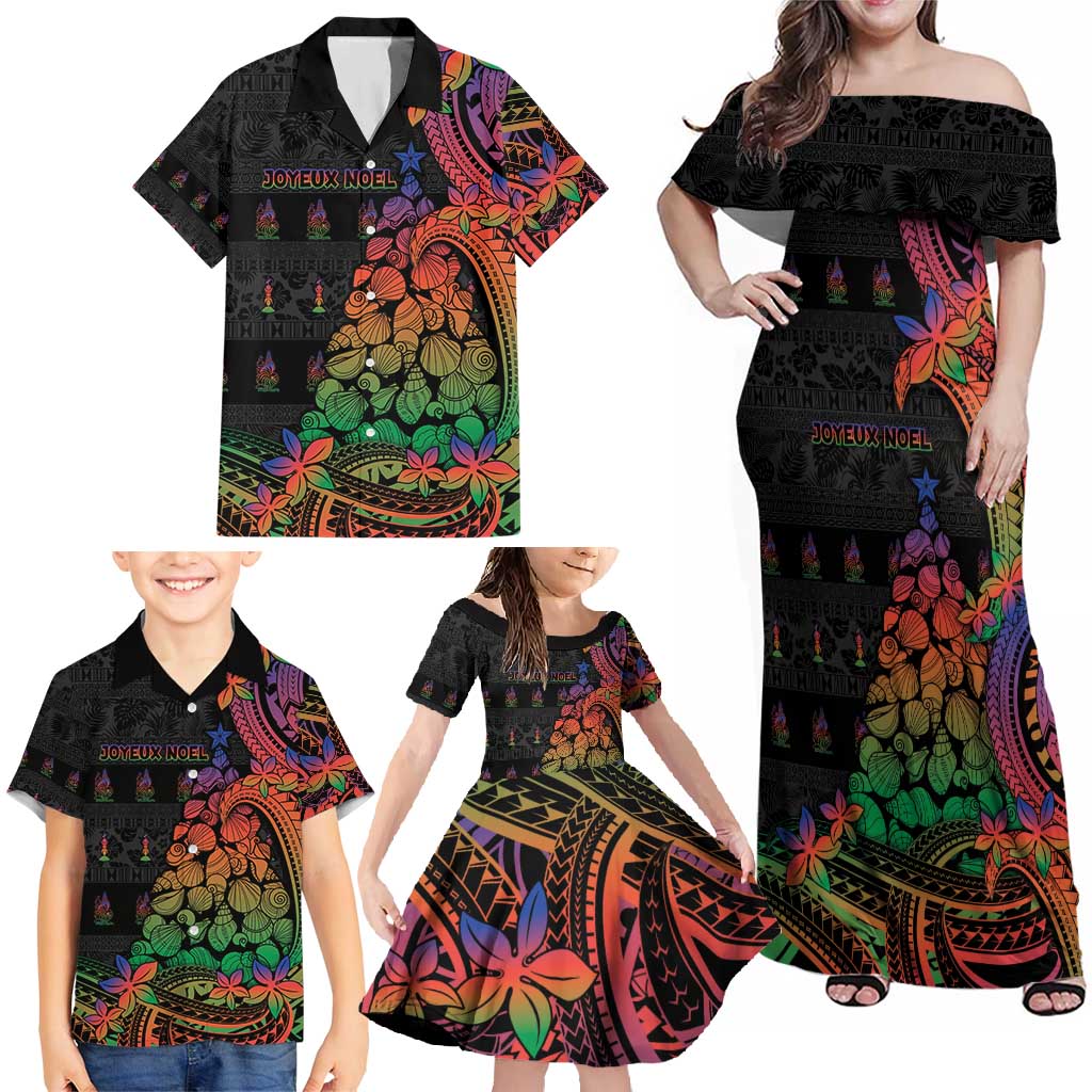 New Caledonia Christmas Family Matching Off Shoulder Maxi Dress and Hawaiian Shirt Seashell Xmas Tree Tribal Waves - Polynesian Pride