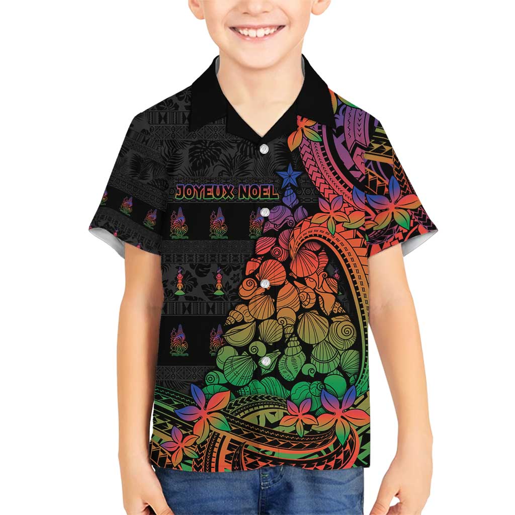New Caledonia Christmas Family Matching Off Shoulder Short Dress and Hawaiian Shirt Seashell Xmas Tree Tribal Waves - Polynesian Pride