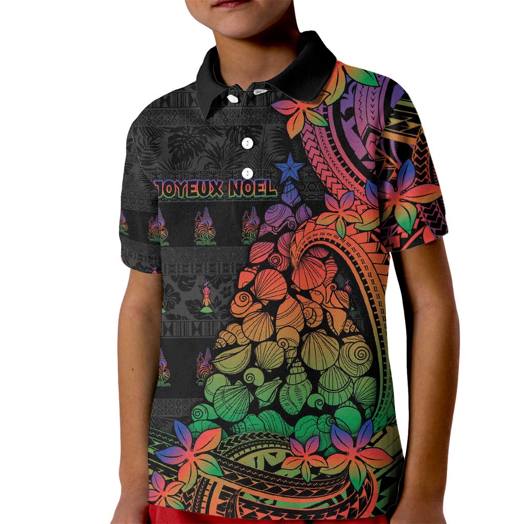 New Caledonia Christmas Kid Polo Shirt Seashell Xmas Tree Tribal Waves - Polynesian Pride