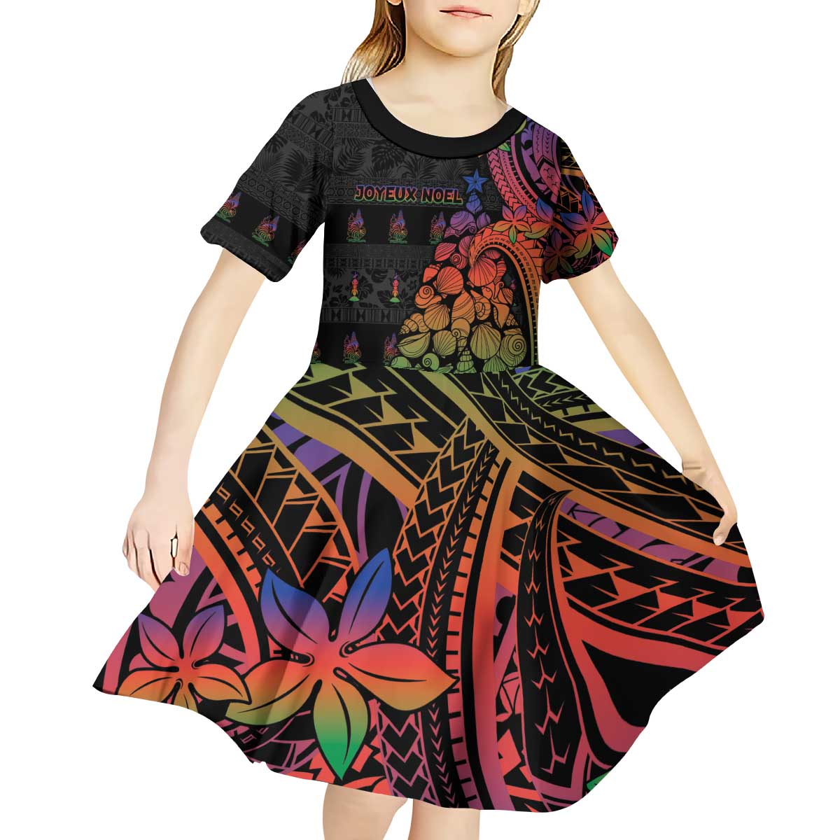New Caledonia Christmas Kid Short Sleeve Dress Seashell Xmas Tree Tribal Waves - Polynesian Pride