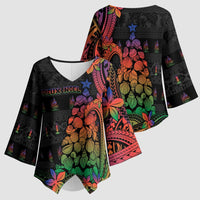 New Caledonia Christmas Kimono Sleeve Blouse Seashell Xmas Tree Tribal Waves - Polynesian Pride