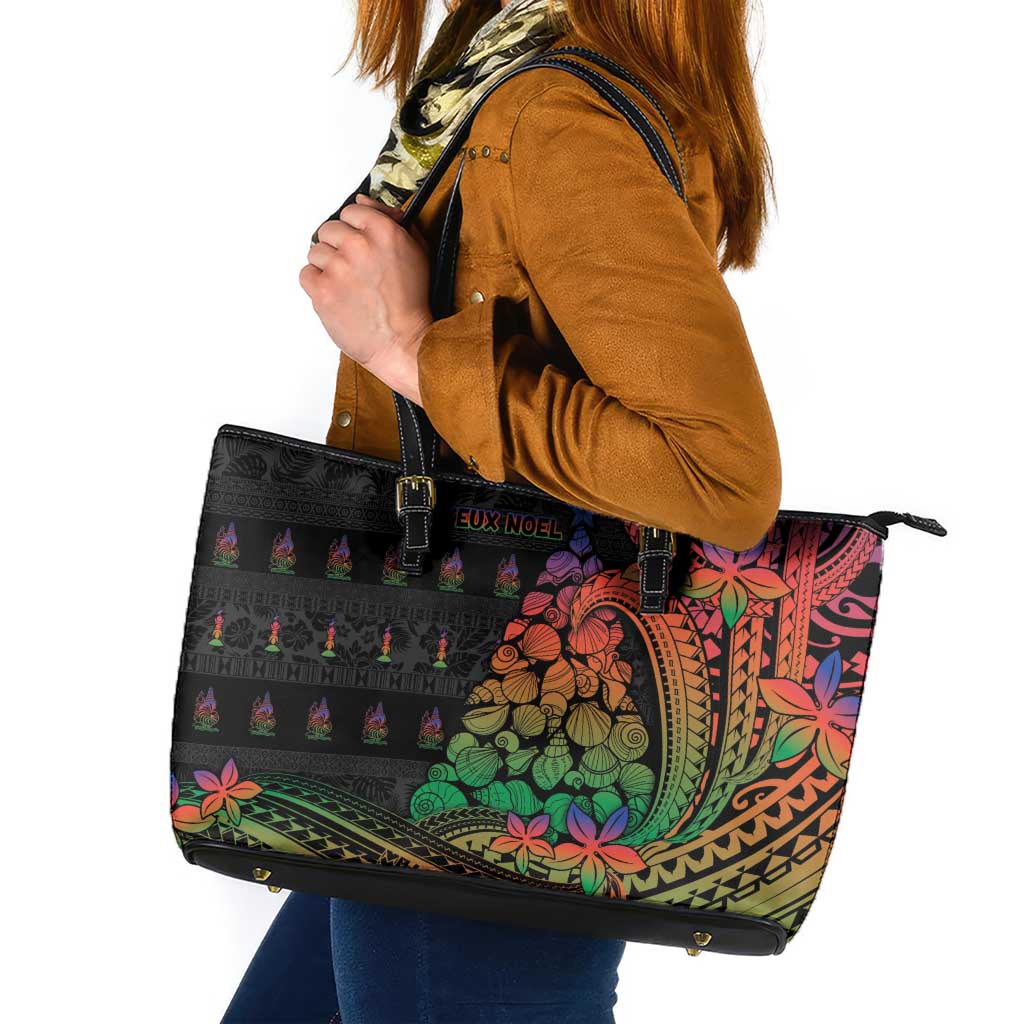 New Caledonia Christmas Leather Tote Bag Seashell Xmas Tree Tribal Waves - Polynesian Pride