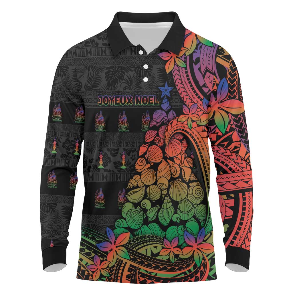 New Caledonia Christmas Long Sleeve Polo Shirt Seashell Xmas Tree Tribal Waves - Polynesian Pride