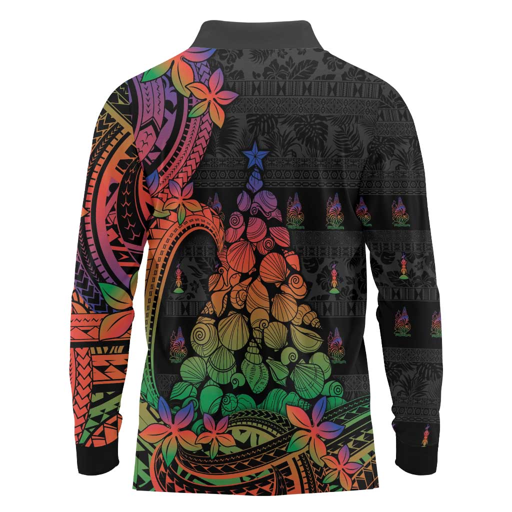New Caledonia Christmas Long Sleeve Polo Shirt Seashell Xmas Tree Tribal Waves - Polynesian Pride