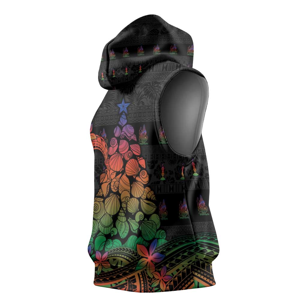 New Caledonia Christmas Sleeveless Hoodie Seashell Xmas Tree Tribal Waves - Polynesian Pride