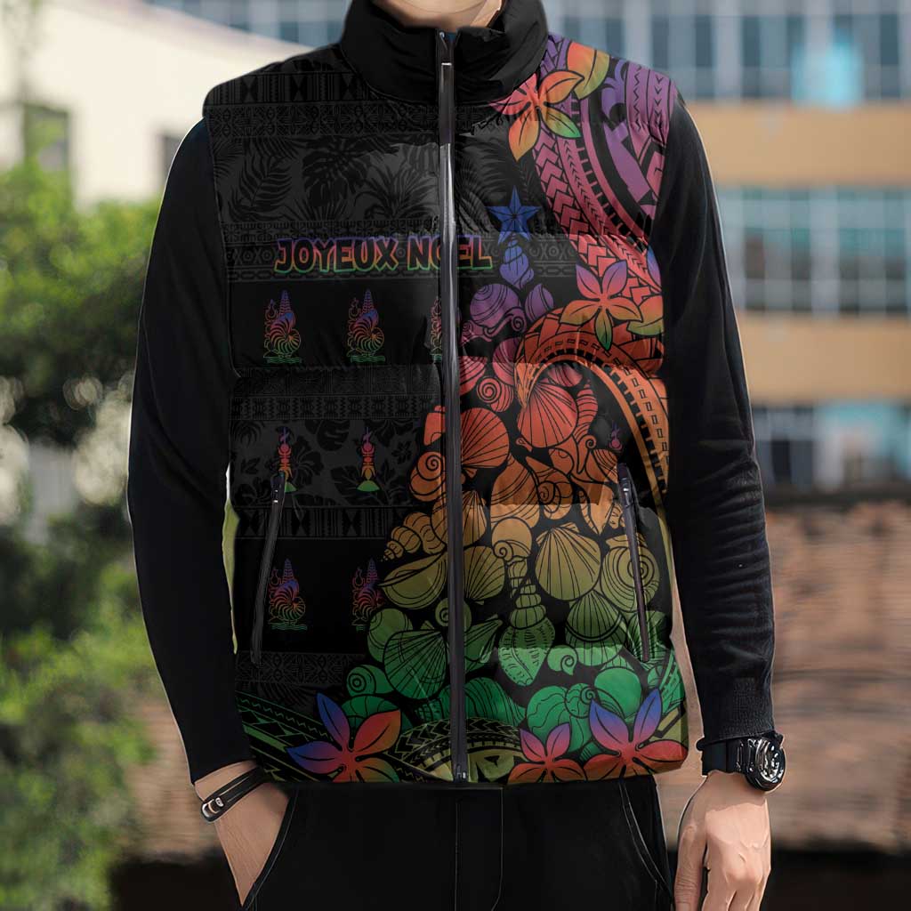 New Caledonia Christmas Sleeveless Puffer Jacket Seashell Xmas Tree Tribal Waves - Polynesian Pride