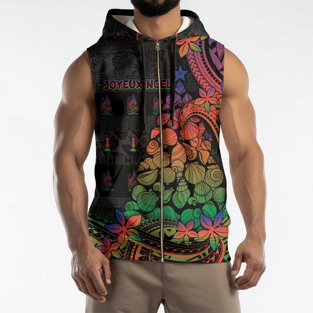 New Caledonia Christmas Sleeveless Zip Hoodie Seashell Xmas Tree Tribal Waves - Polynesian Pride