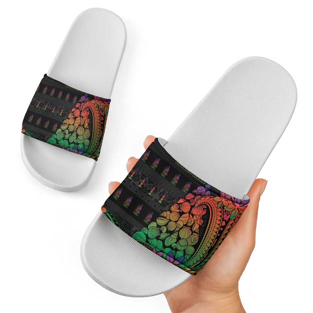 New Caledonia Christmas Slide Sandals Seashell Xmas Tree Tribal Waves - Polynesian Pride