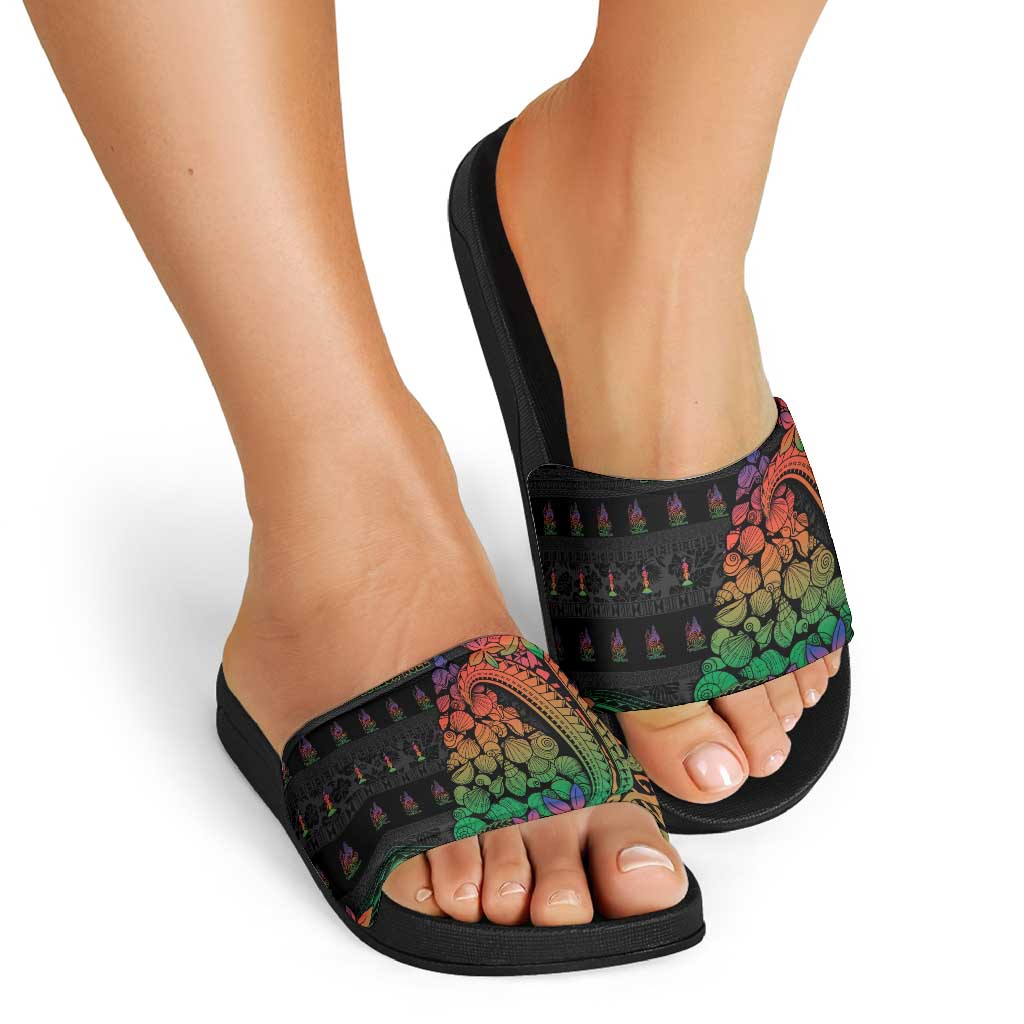 New Caledonia Christmas Slide Sandals Seashell Xmas Tree Tribal Waves - Polynesian Pride