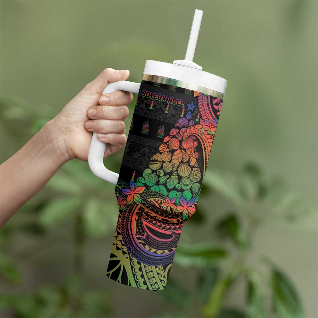 New Caledonia Christmas Tumbler With Handle Seashell Xmas Tree Tribal Waves - Polynesian Pride