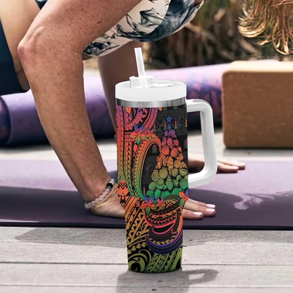 New Caledonia Christmas Tumbler With Handle Seashell Xmas Tree Tribal Waves - Polynesian Pride