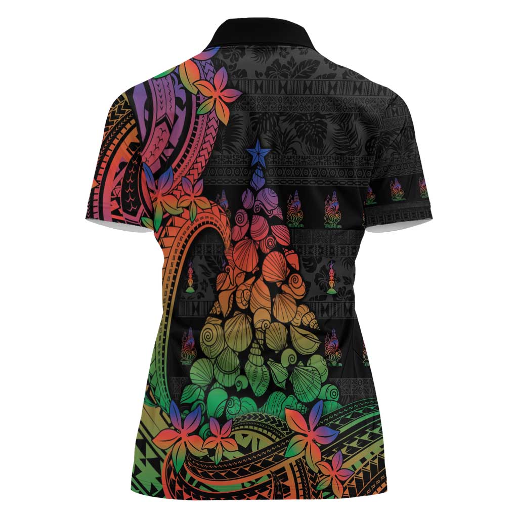 New Caledonia Christmas Women Polo Shirt Seashell Xmas Tree Tribal Waves - Polynesian Pride