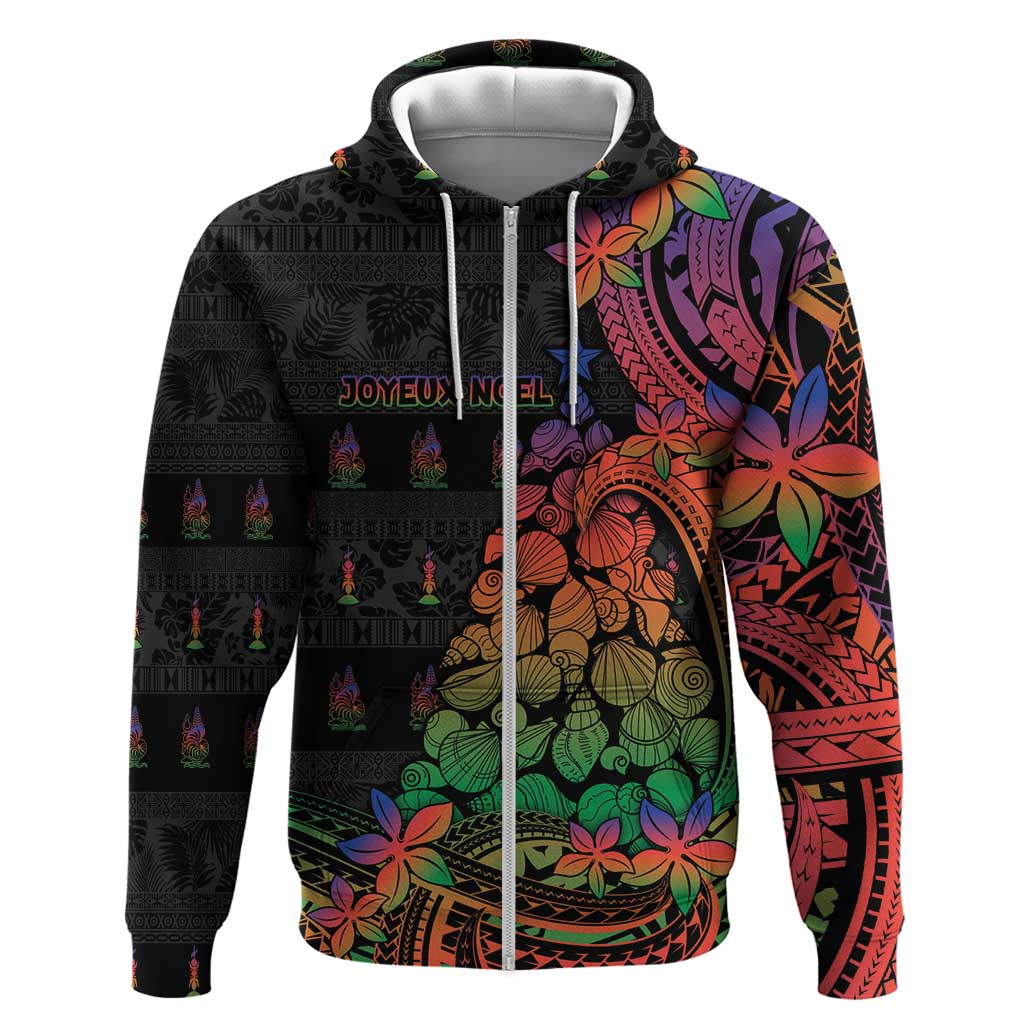 New Caledonia Christmas Zip Hoodie Seashell Xmas Tree Tribal Waves - Polynesian Pride