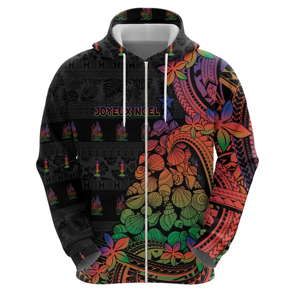 New Caledonia Christmas Zip Hoodie Seashell Xmas Tree Tribal Waves - Polynesian Pride