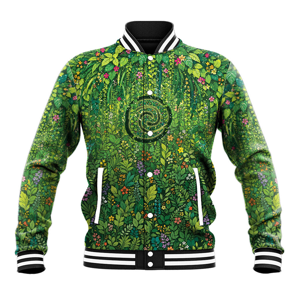 Polynesia Mother Nature Baseball Jacket Glowing Heart Spiral Tropical Vine Floral