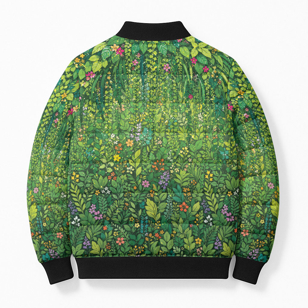 Polynesia Mother Nature Bomber Puffer Jacket Glowing Heart Spiral Tropical Vine Floral
